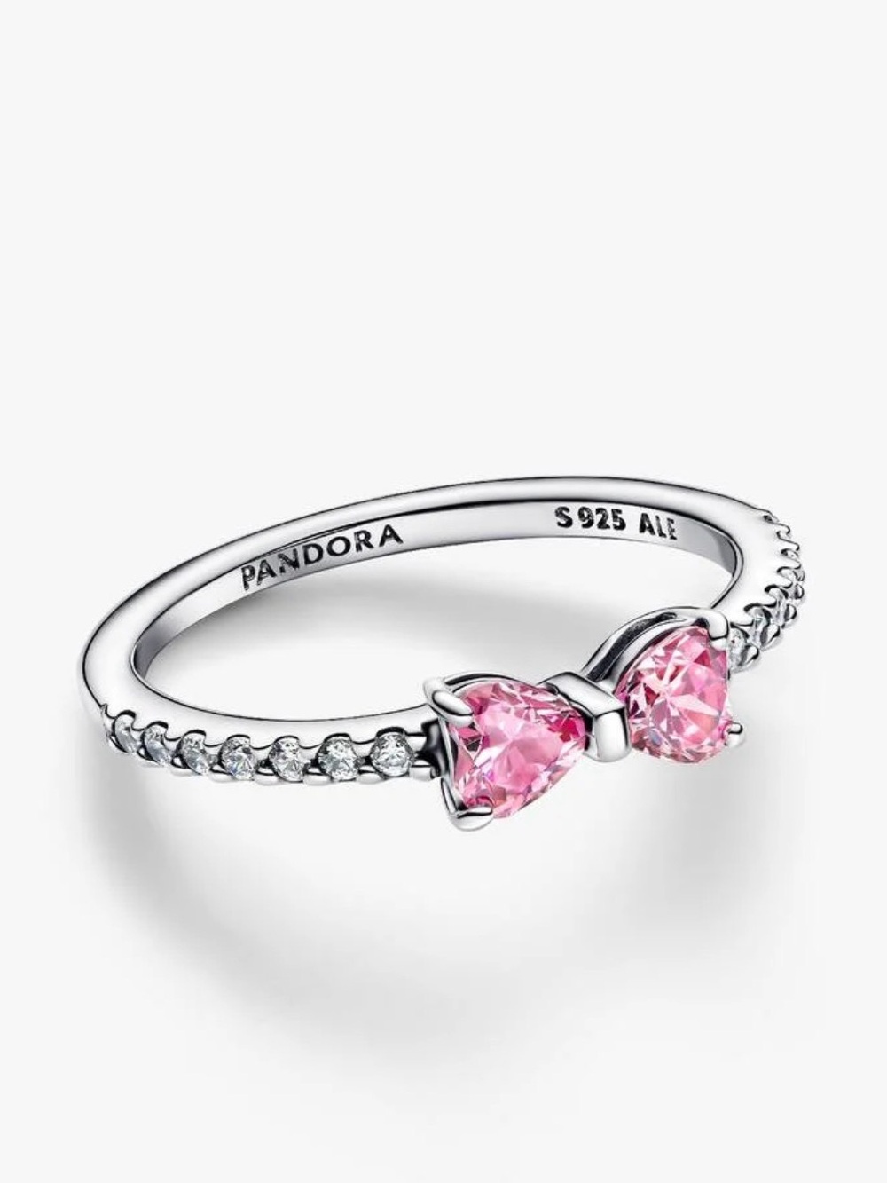 Pandora Sterling Silver Pink Bow Ring with Pavé Accents. Size 8